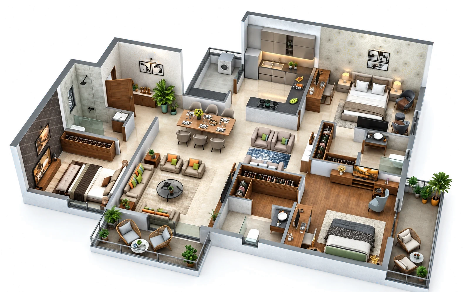 Furnished cutaway of the three-bedroom Type 1 home: living and dining room, family area, kitchen with wash area, master suite with dressing room, and two further bedrooms.