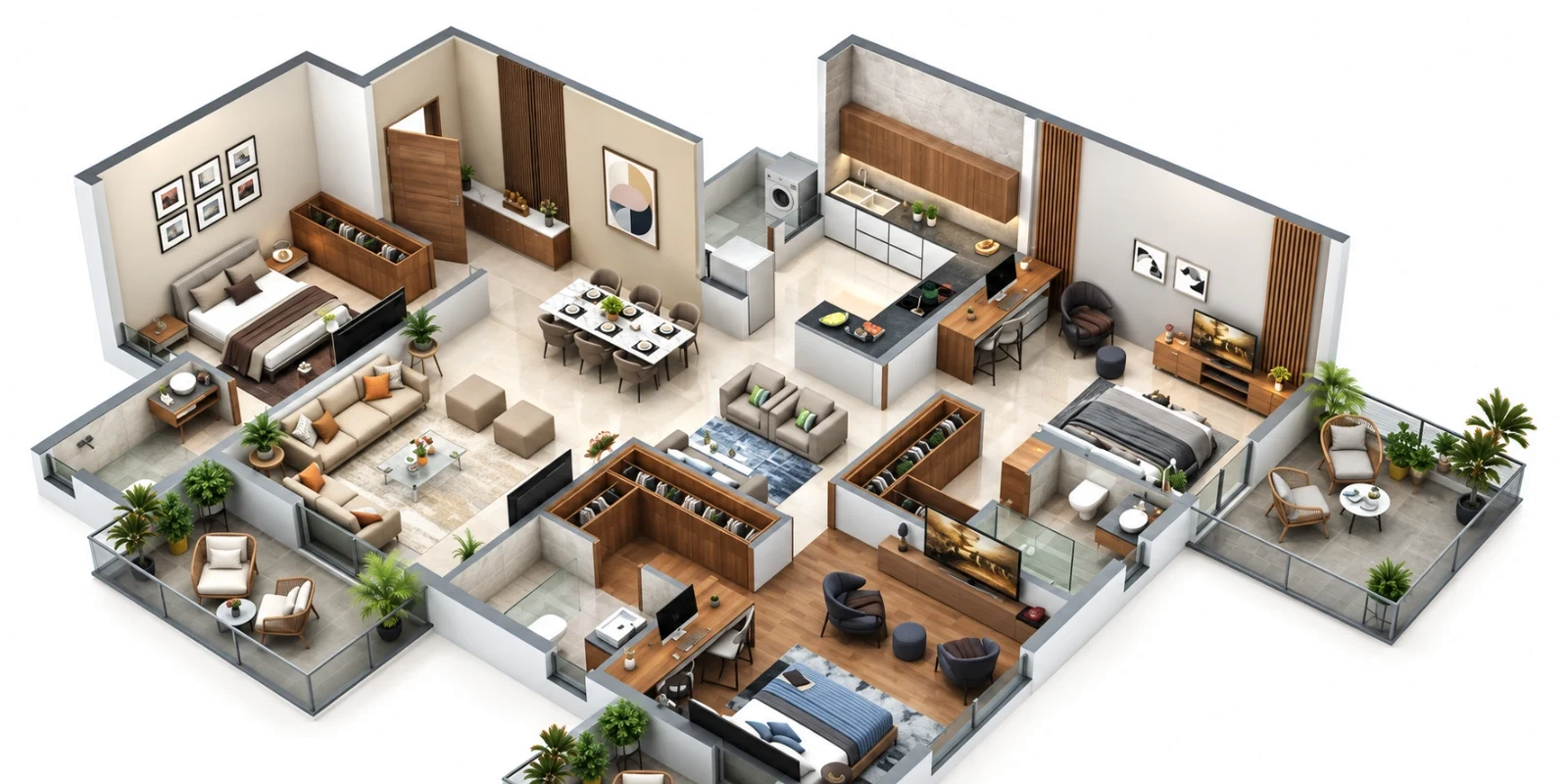 Furnished cutaway of the three-bedroom Type 2 home: a long living and dining room, family area, kitchen, master suite and three balconies.