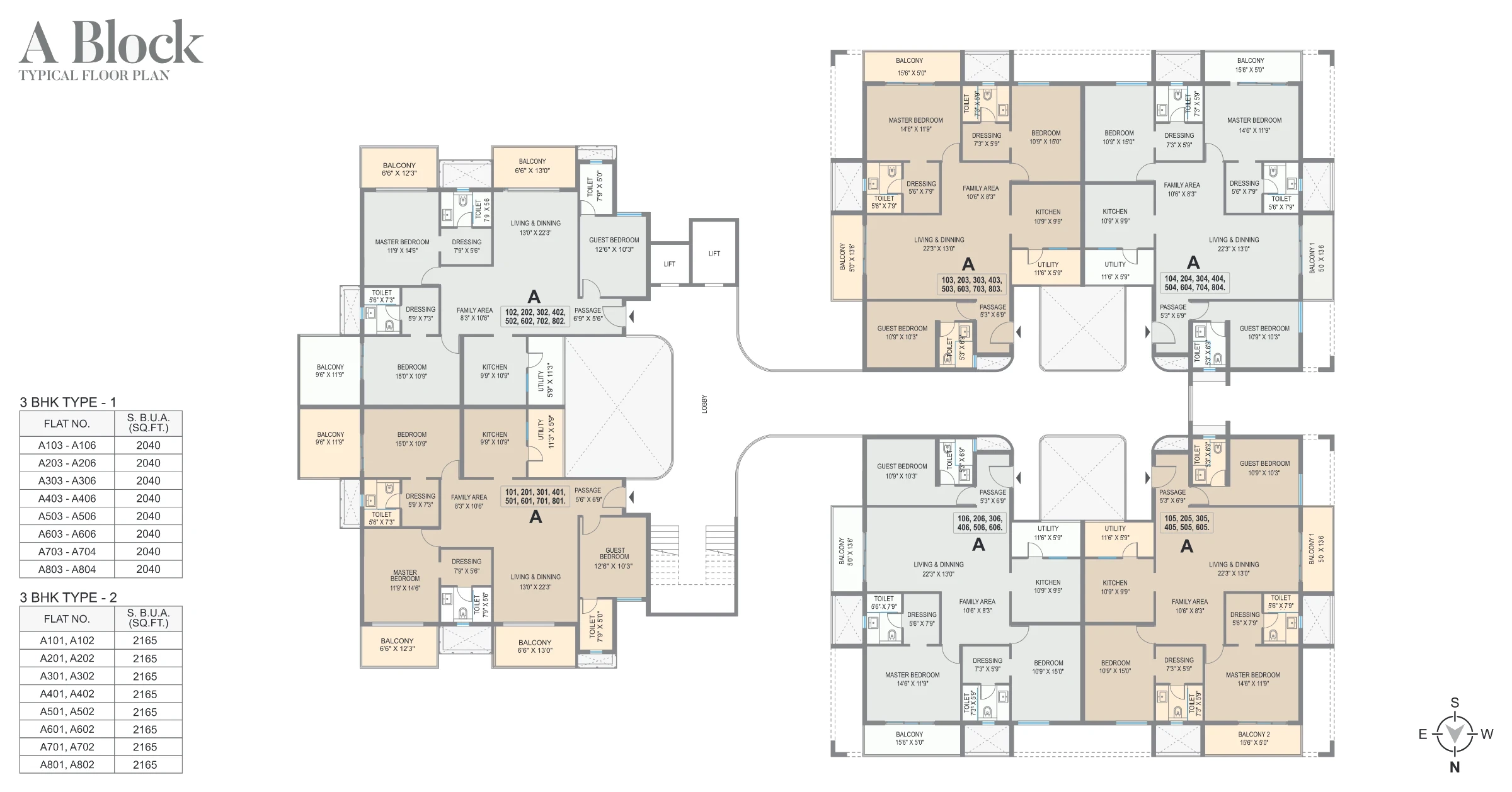 A Block typical floor plan: four homes per floor around a central lobby and lifts, with tables of flat numbers and super built-up areas.