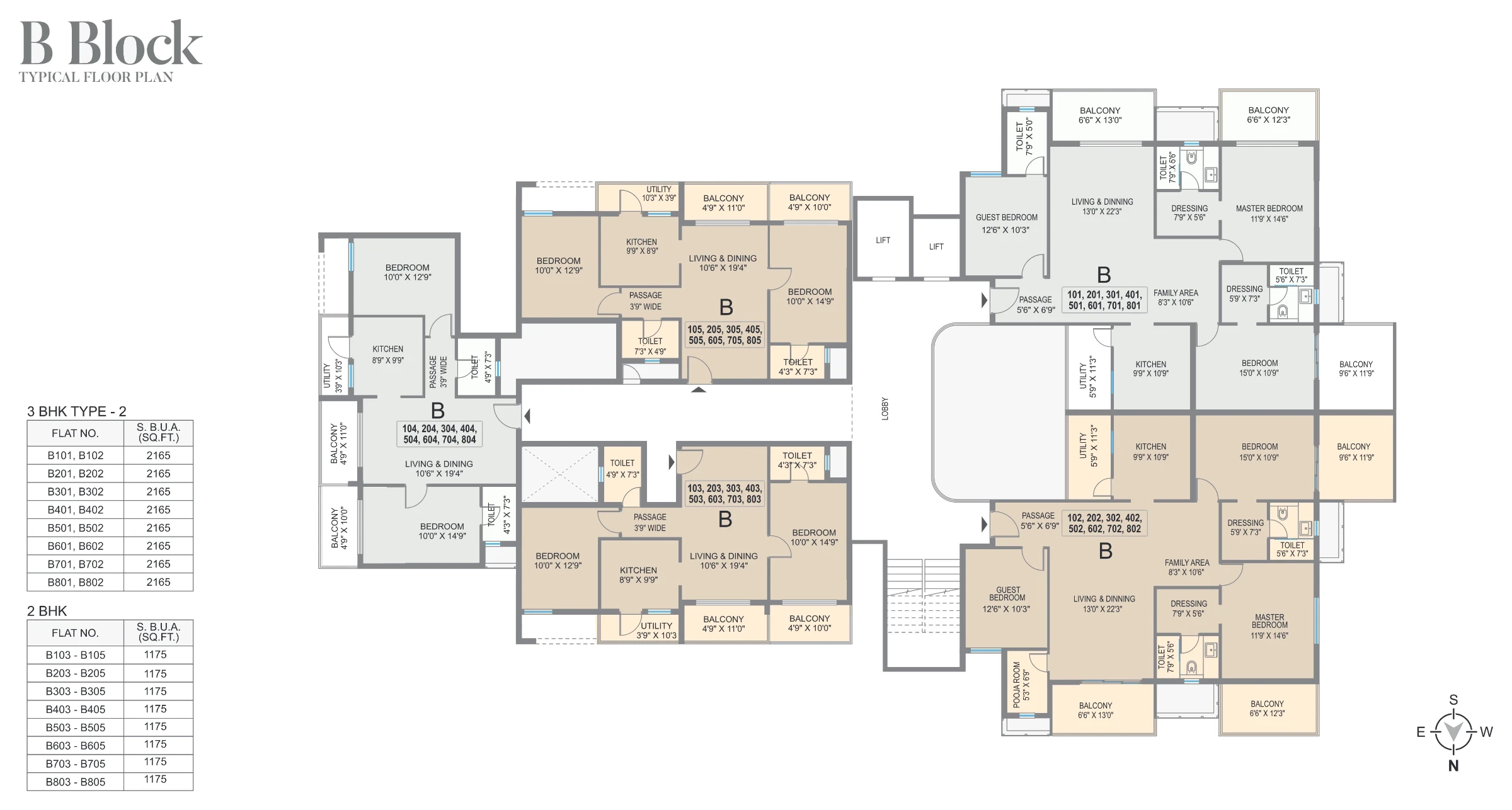 B Block typical floor plan: two- and three-bedroom homes around the lobby and lifts, with tables of flat numbers and super built-up areas.